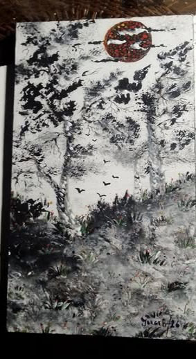 Floresta com aves pintada a tinta de cogumelo coprinus comatus sobre madeira