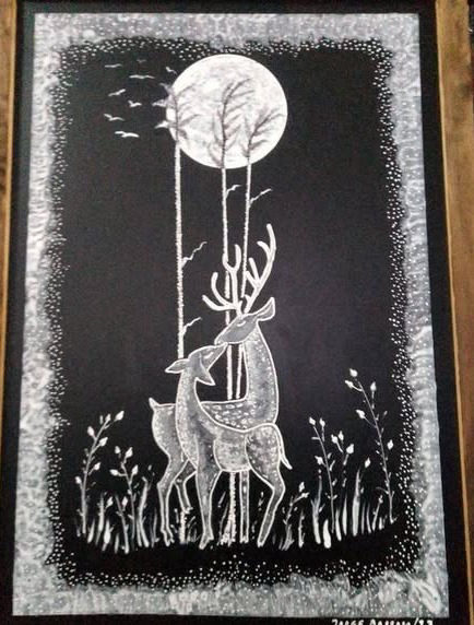 Dois cervos sob a lua, pintura a acrílico sobre ardósia